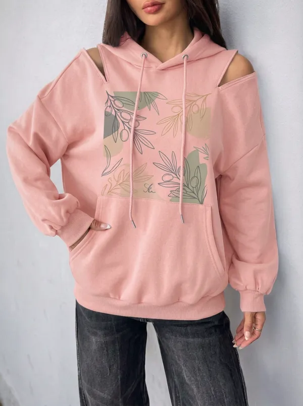 Women's Botanical Olive Branch Abstract Printed Cold Shoulder Hoodie