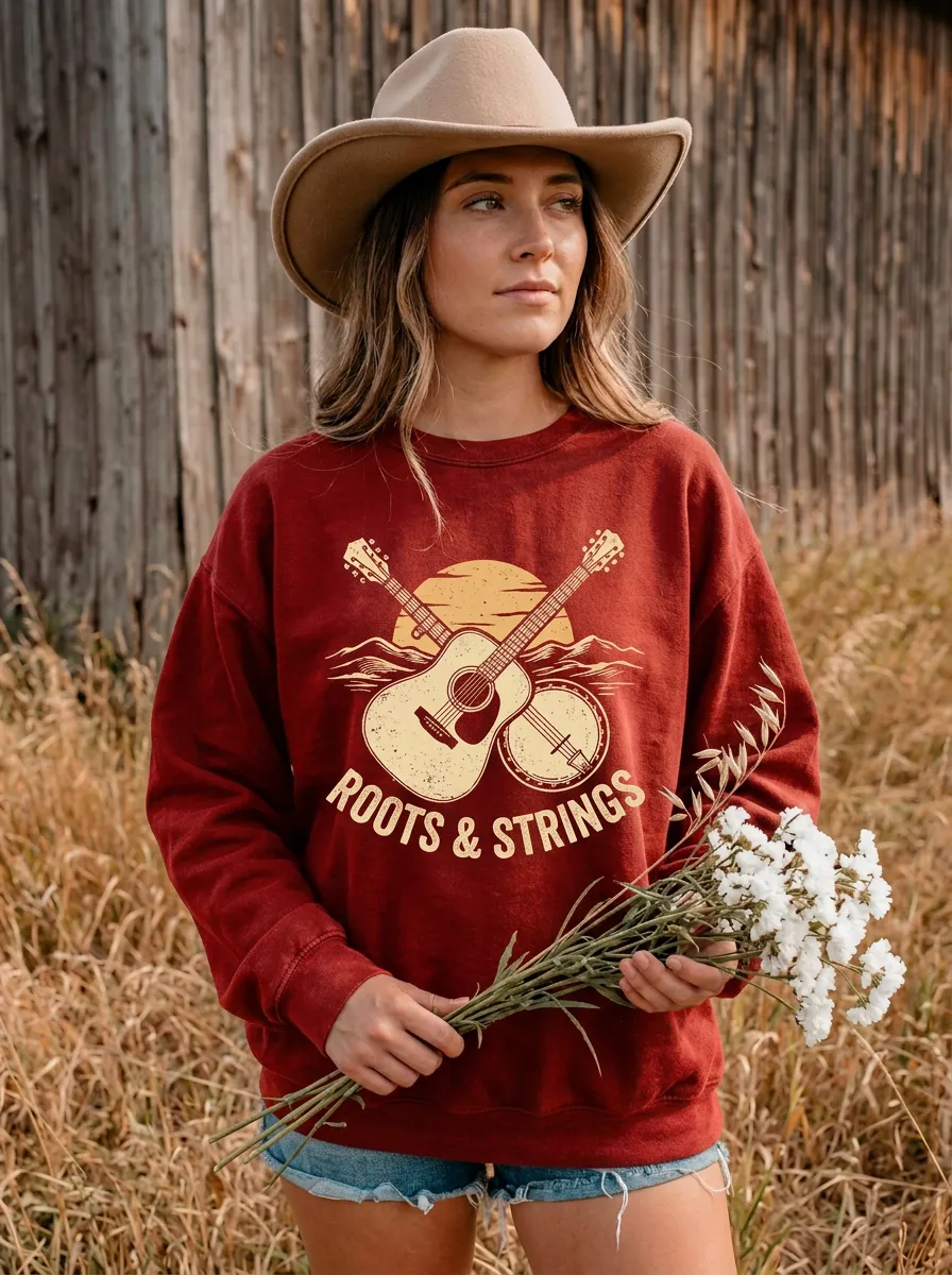 Country Music Roots and Strings Guitar Banjo Crew Neck Sweatshirt