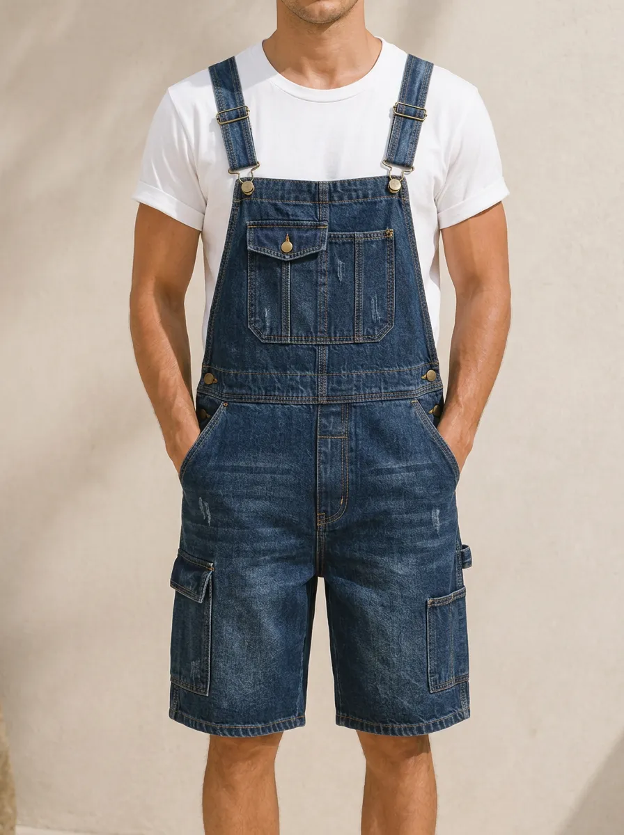 Men's Casual Vintage Distressed Denim Cargo Bib Shorts