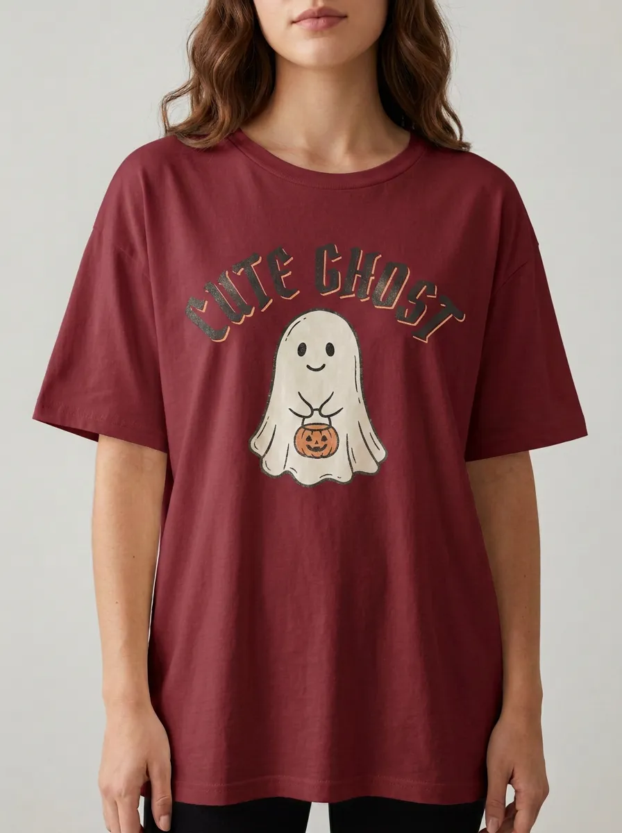 Women's Halloween Ghost Pumpkin Bucket Printed T-shirt