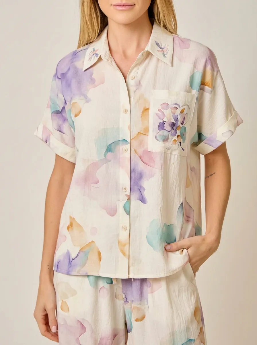 Women's Abstract Floral Watercolor Printed Button-Down Shirt