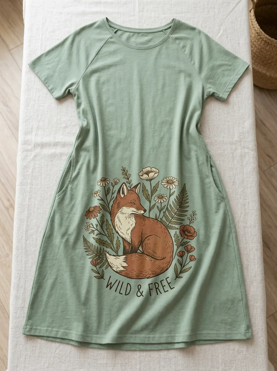 Nature Lover Wild Fox Floral T-Shirt Dress