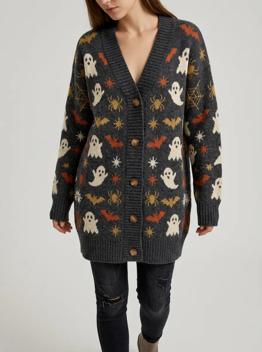 Women's Halloween Ghost Bat Spider Pattern Knitted Cardigan