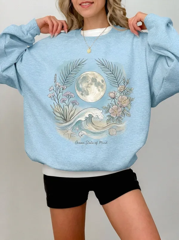 Women's Beach Lover Ocean State of Mind Moon Floral Printed Sweatshirt