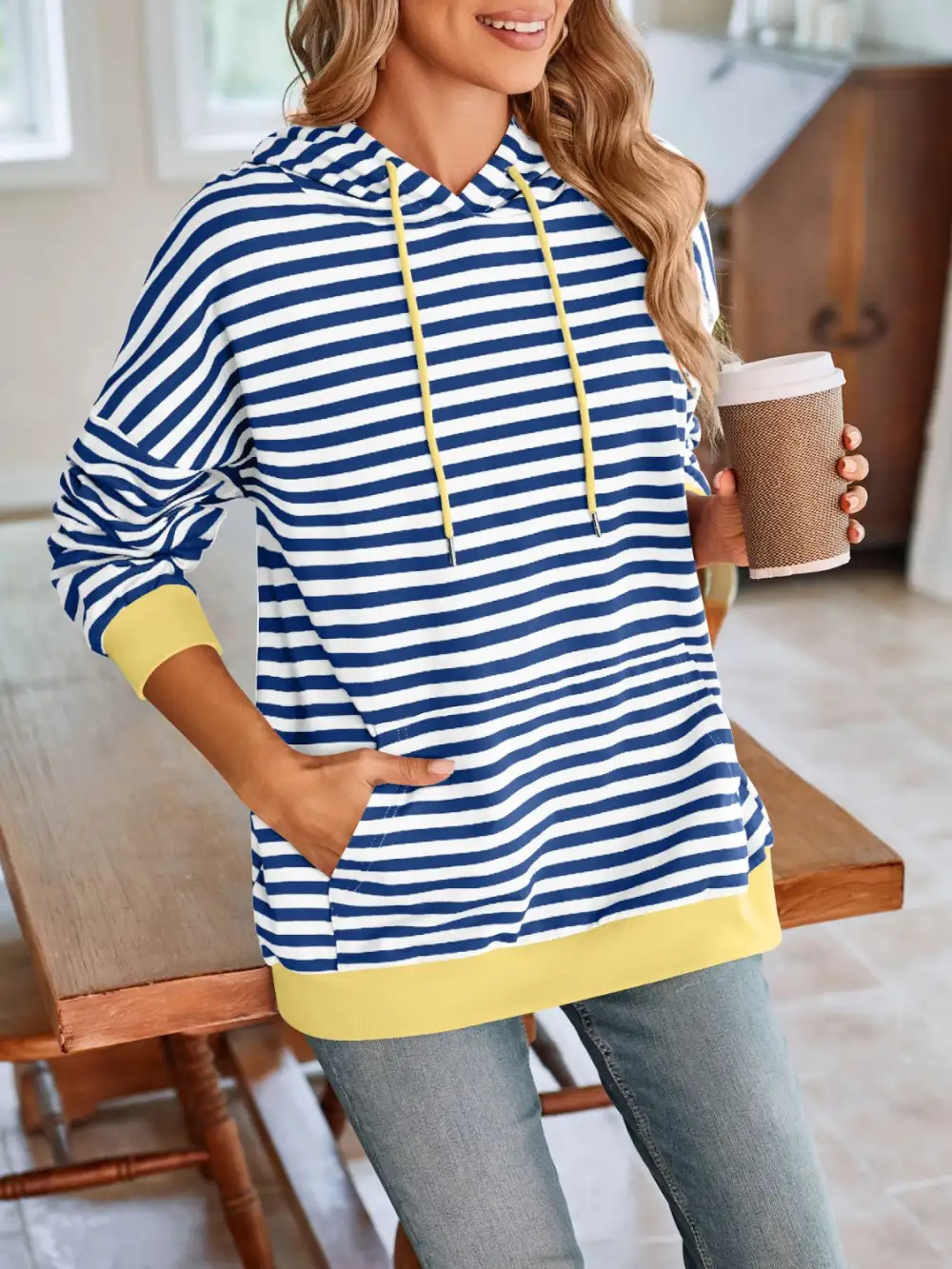 Drawstring Long-Sleeve Striped Hoodie