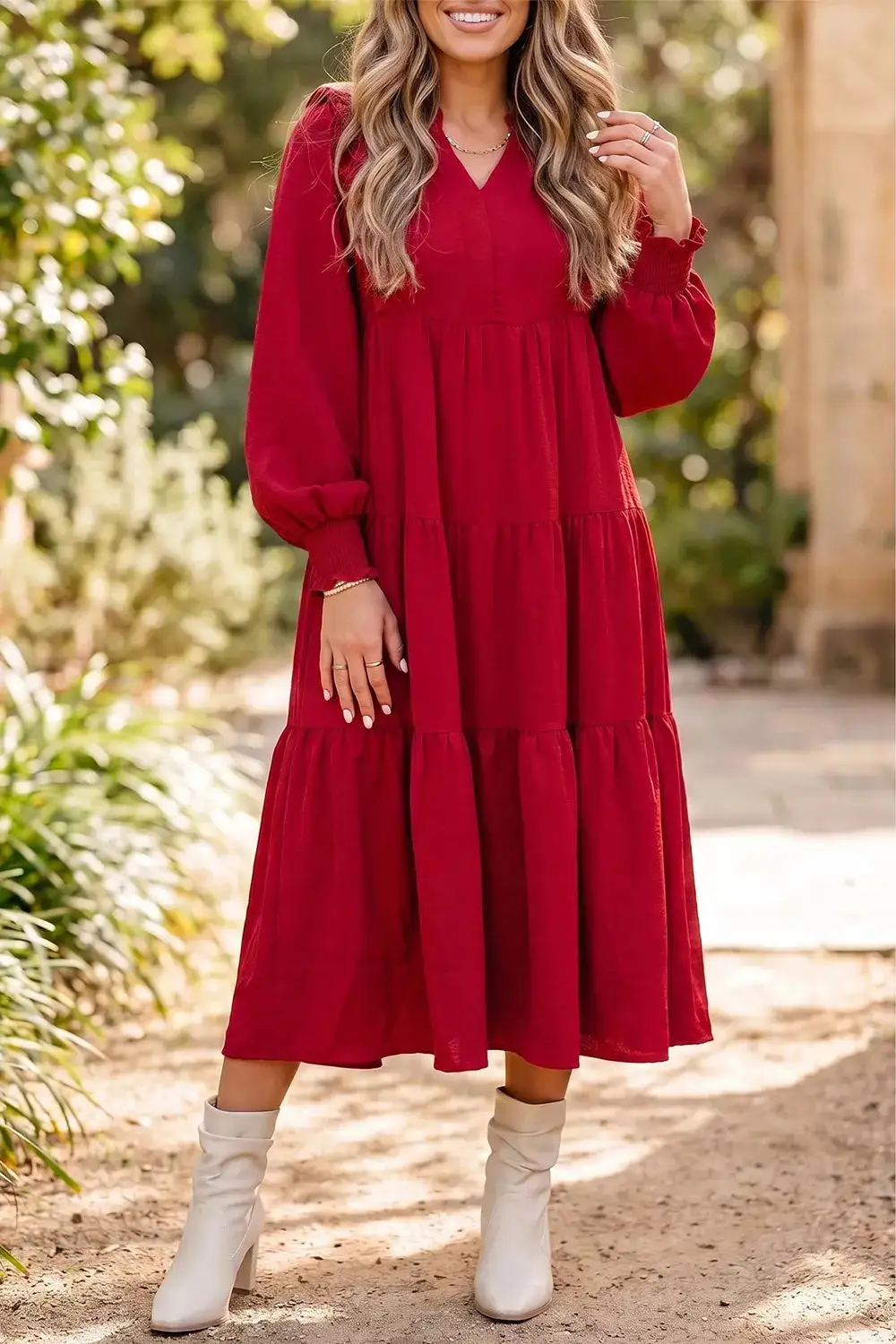 Solid Ruffle Trim Long Sleeve Tiered Shift Midi Dress