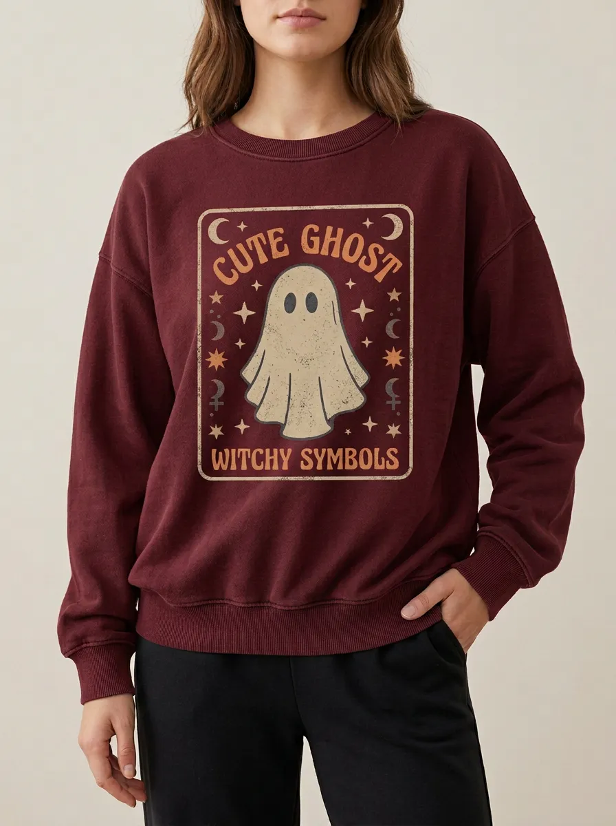 Women's Halloween Cute Ghost Witchy Symbols Printed Sweatshirt