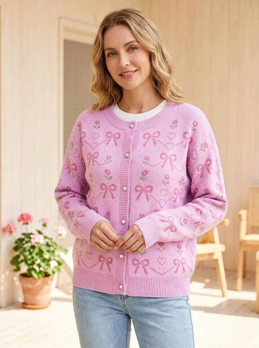 Women's Floral Heart Ribbon Bow Printed Cardigan