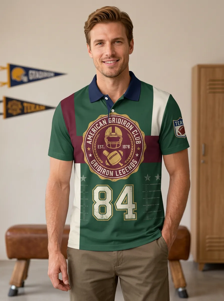 Men's Retro Gridiron Helmet Graphic Polo Shirt