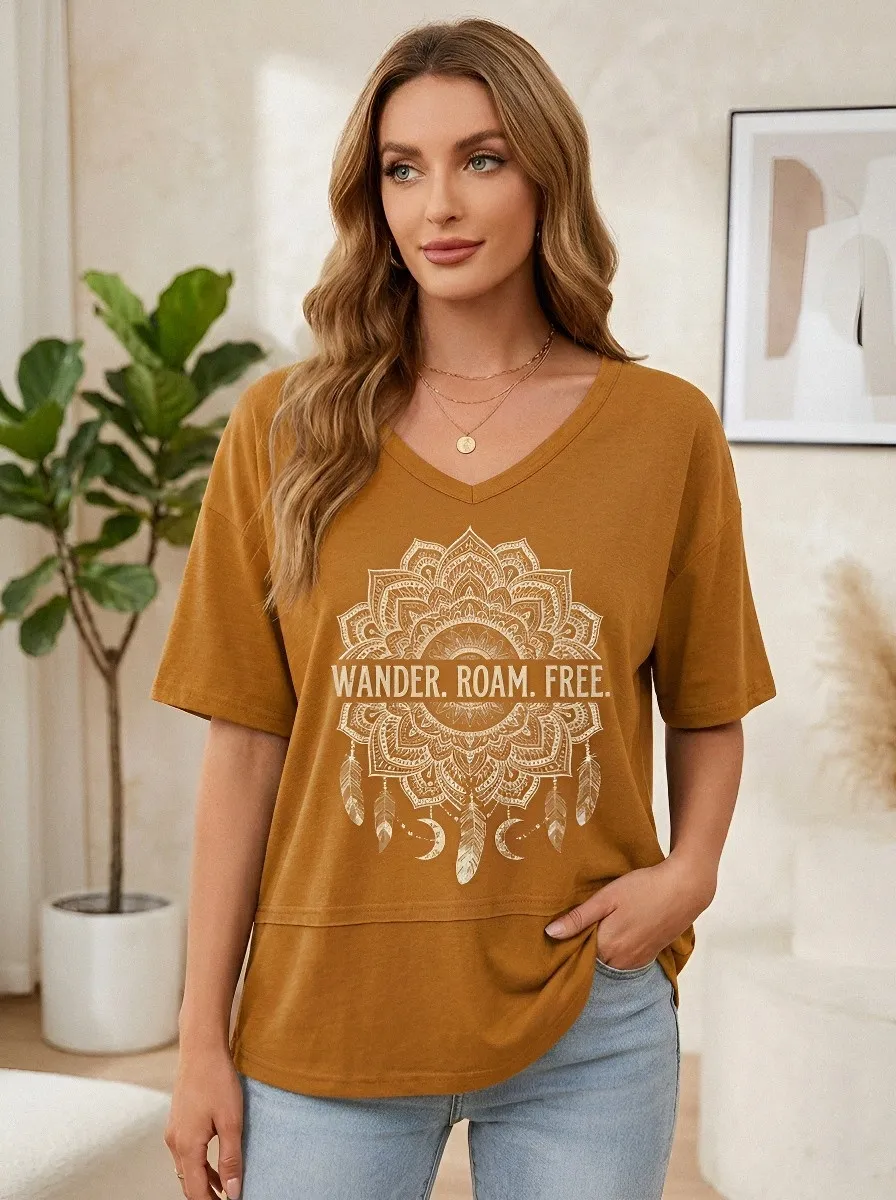 Women's Boho Wander Roam Free Mandala Feather Printed T-shirt