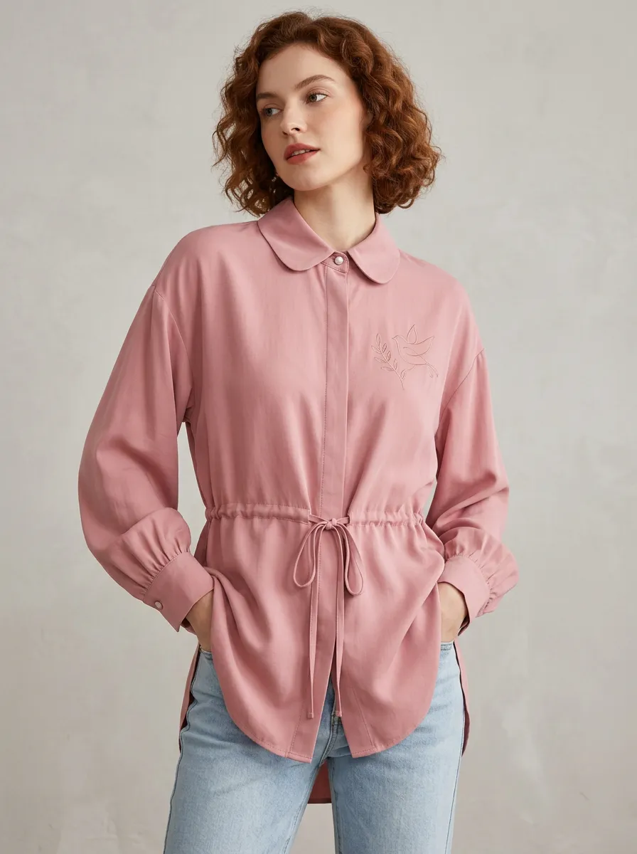 Women's Minimalist Nature Lover Bird Branch Embroidered Pink Shirt
