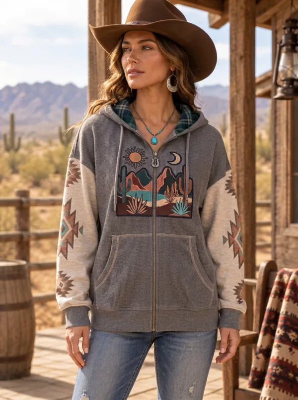 Women's Western Desert Cactus Sun Moon Printed Zip-up Hoodie