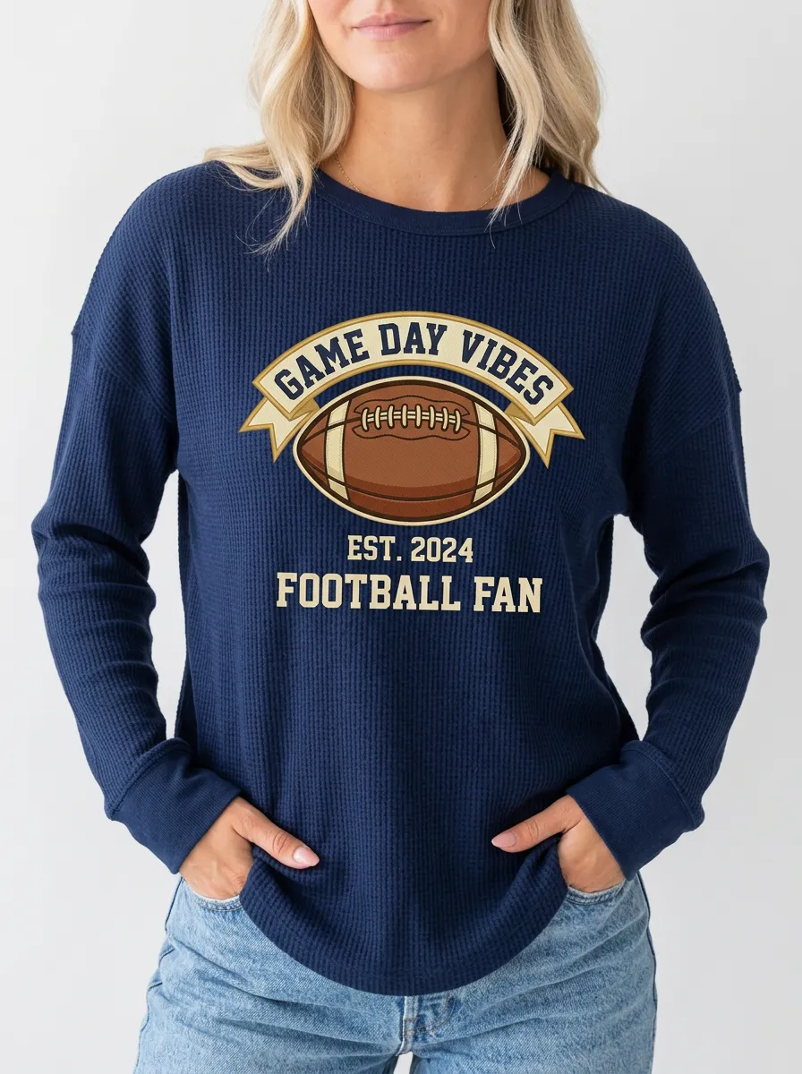 Women's Football Fan Game Day Vibes Printed Waffle T-Shirt