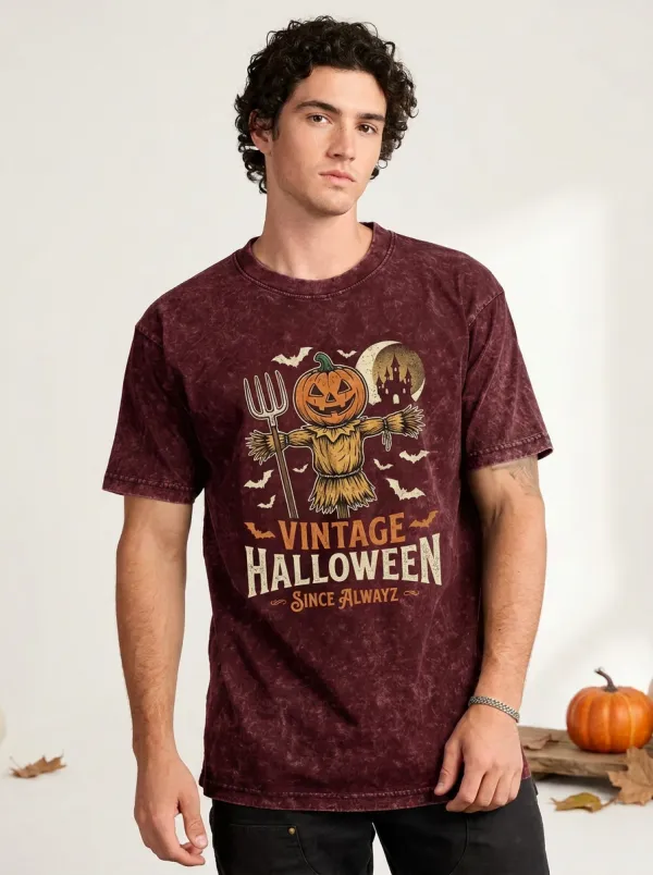 Men's Halloween Scarecrow Pumpkin Printed Acid Wash T-shirt