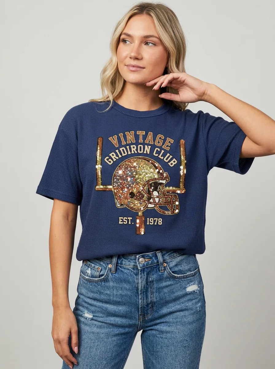 Women's Football Fan Vintage Gridiron Club Sequin Helmet Printed T-Shirt