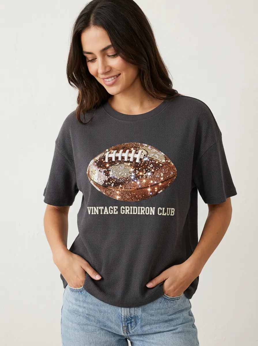 Women's Stadium Inspired Football Gridiron Ball Crew Neck Graphic T-Shirt