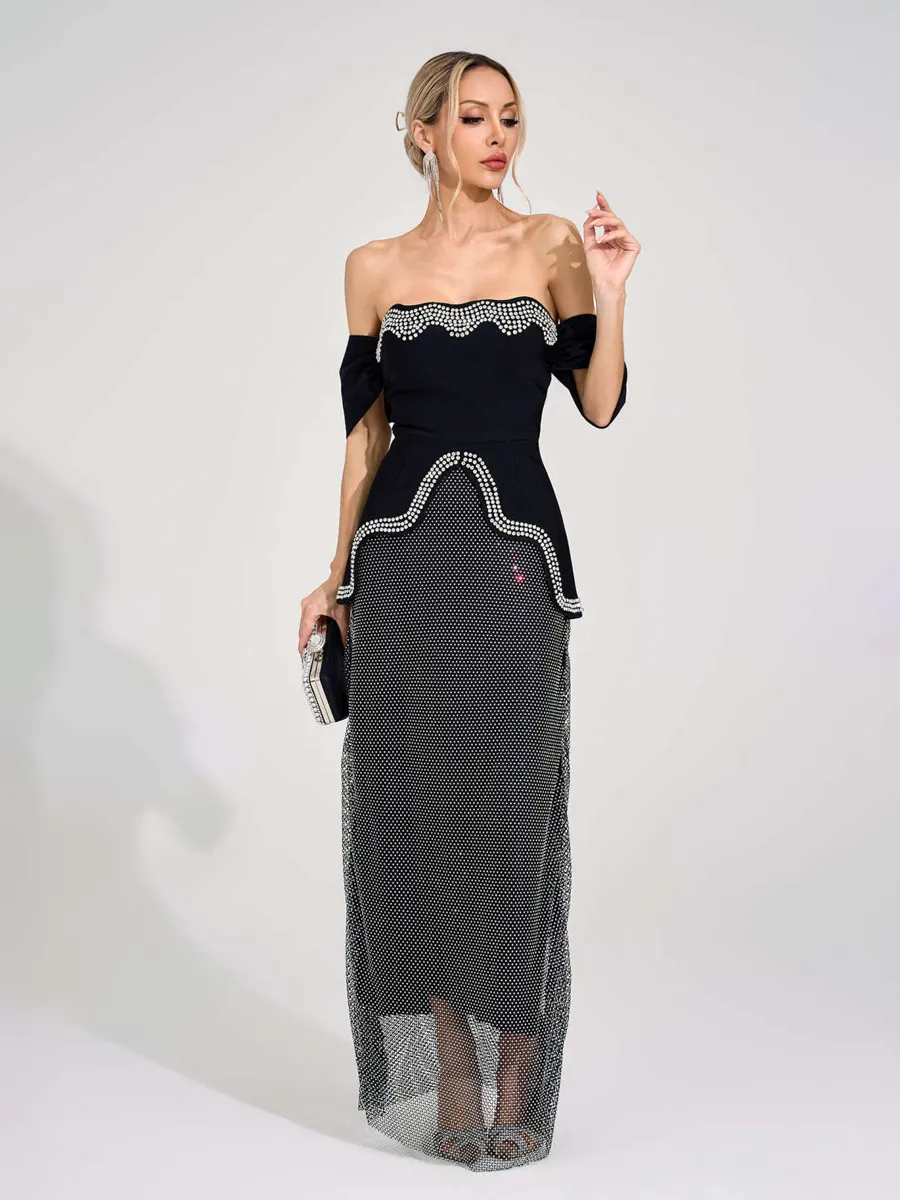 Arabella Black Rhinestone Maxi Skirt Set