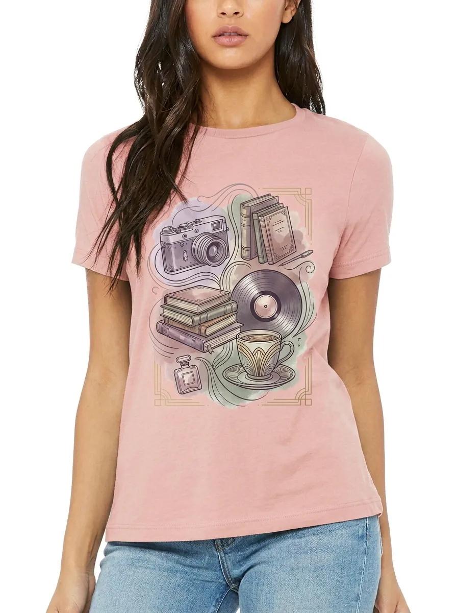 Women's Vintage Aesthetic Camera Books Vinyl Coffee Printed T-shirt