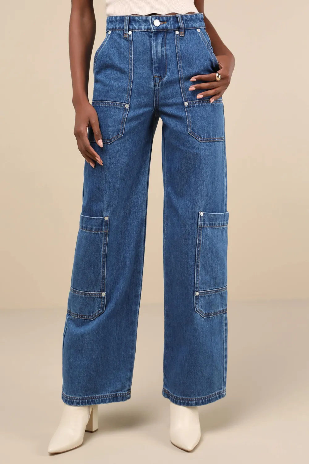 Daily Medium Wash Cotton Denim High-Rise Wide-Leg Cargo Jeans
