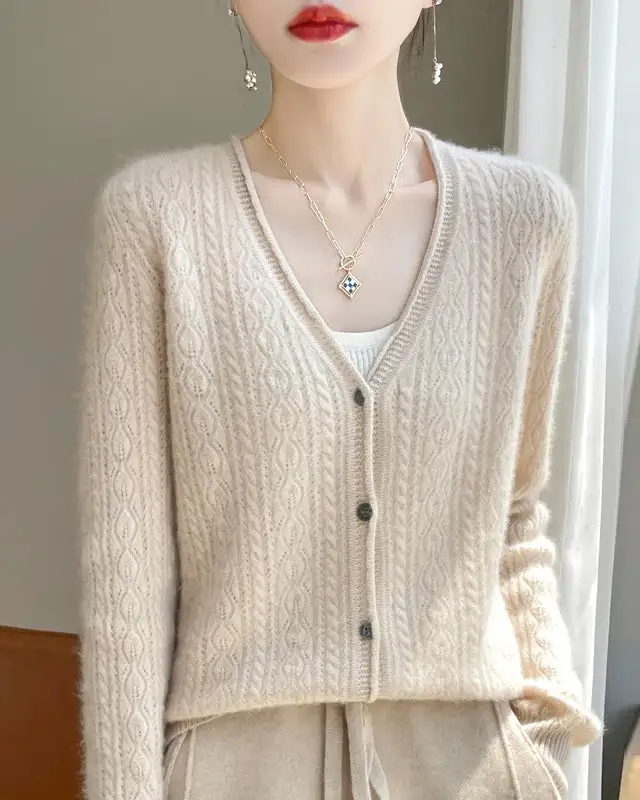 Merino-Wool Wool Button-Front V-Neck Cardigan