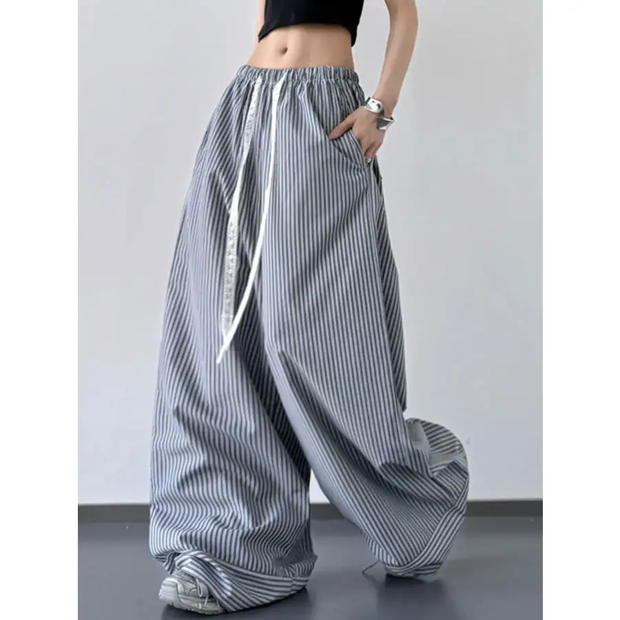 Casual Striped Wide Leg Drawstring Pants
