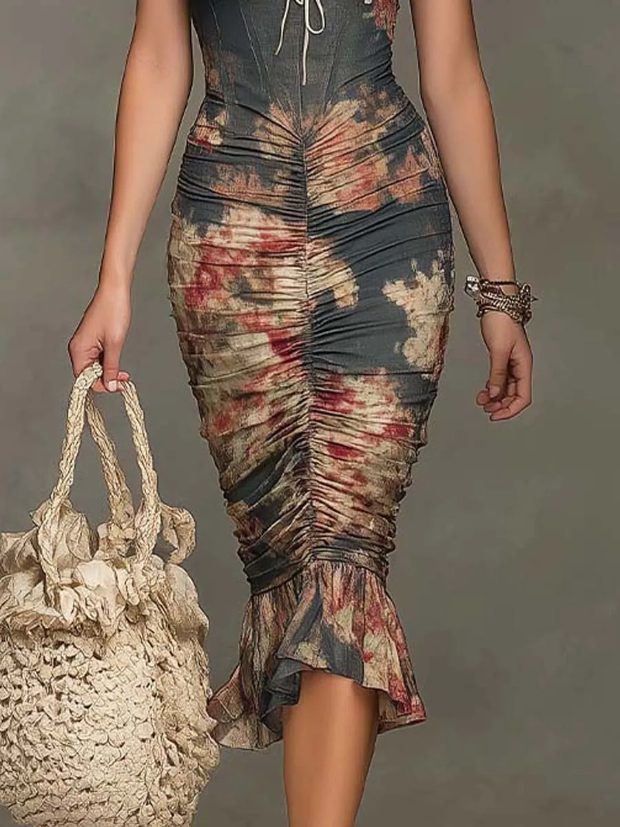 Bohemian Satin Vintage Floral Print Halter Lace Trim Ruched Midi Dress