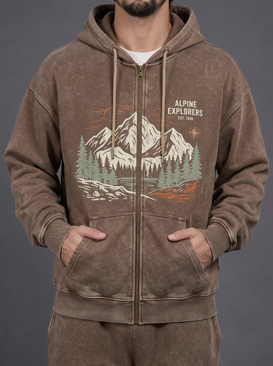 Men's Alpine Explorer Mountain Forest Printed Zip-up Hoodie