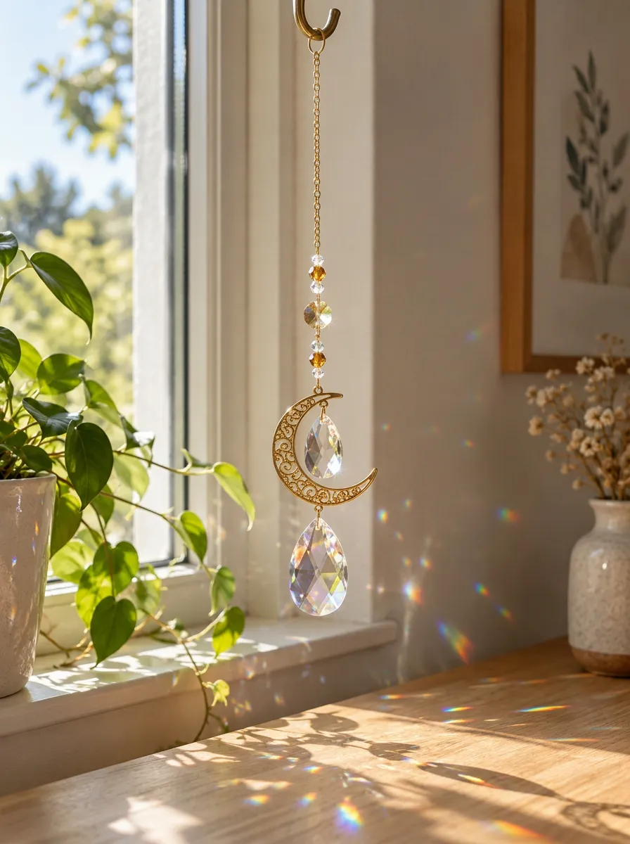 Boho Moon Crystal Prism Suncatcher Pendant