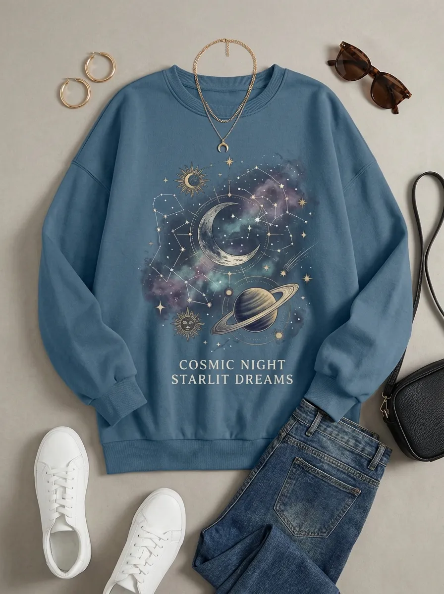 Women's Celestial Space Lover Moon Planet Printed T-shirt