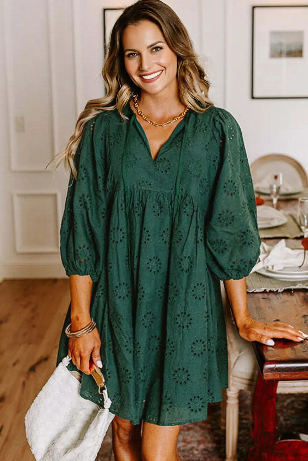 Blackish Embroidered Eyelet Pattern Puffy Sleeve Swing Mini Dress