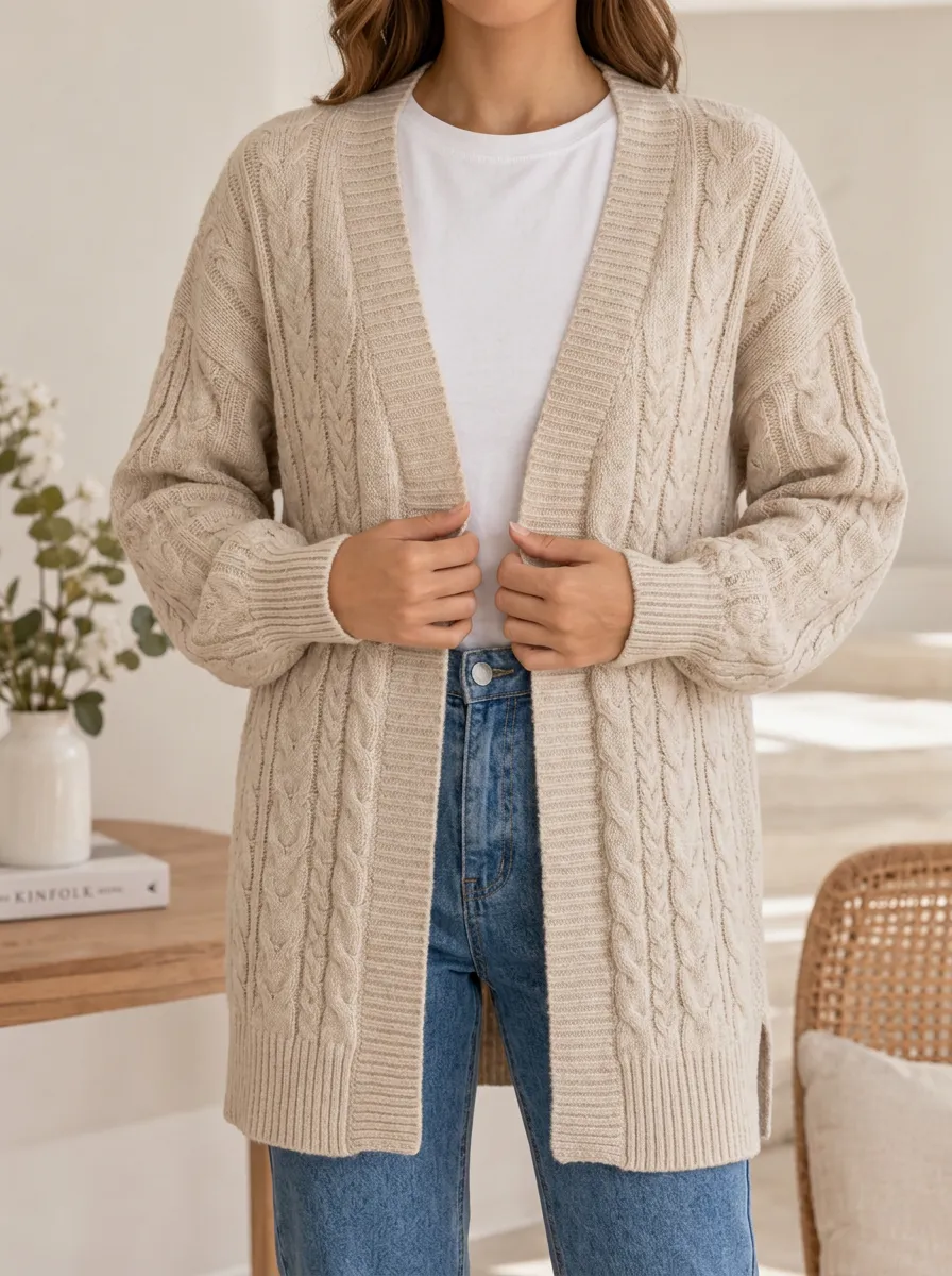 Women's Cable Knit Open Front Dropped Shoulder Everyday Cardigan