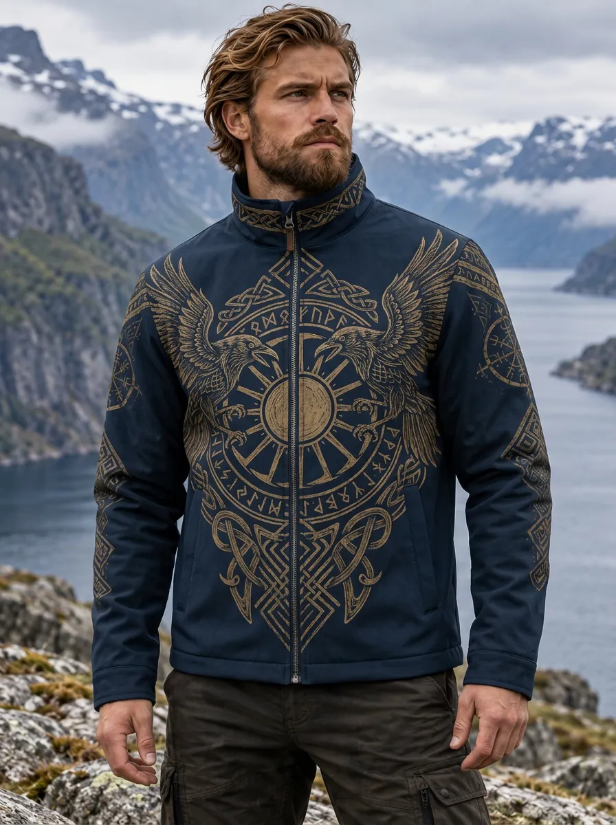 Men's Viking-Inspired Raven Rune Sun Stand-Collar Zip Jacket