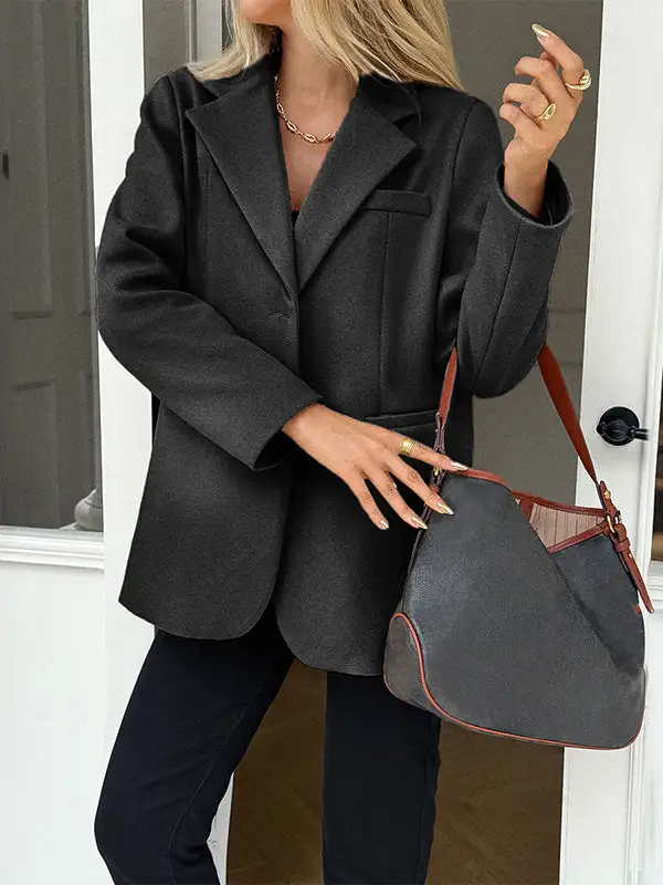 Long Sleeve Button Front Pocket Solid Color Notched Jacket
