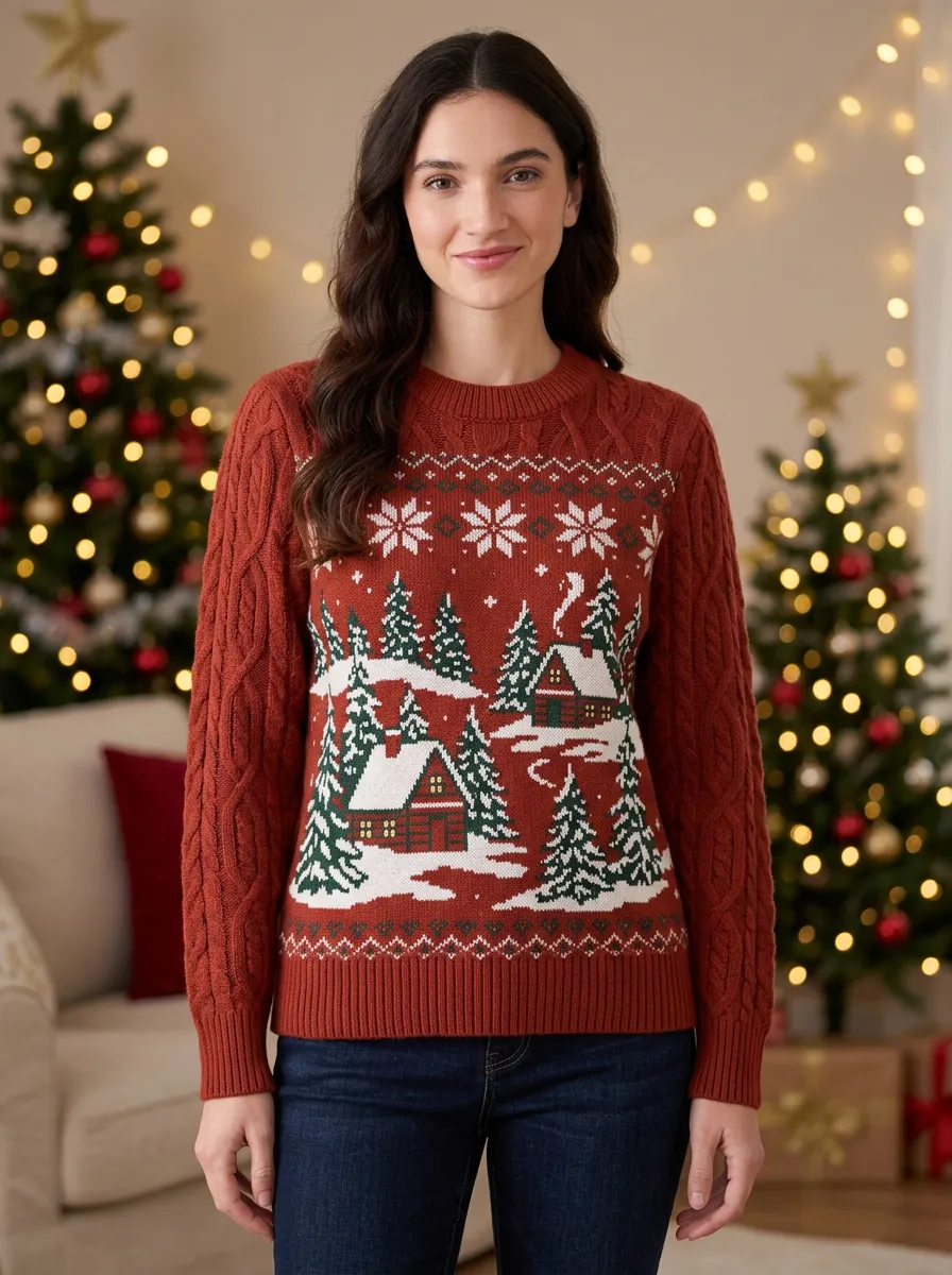 Christmas Holiday Winter Cabin Forest Print Sweater