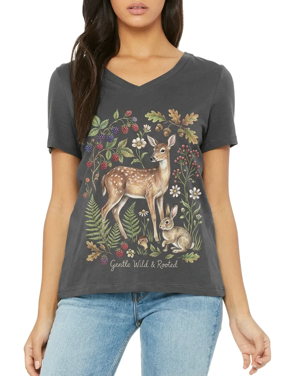 Women's Nature Lover Deer Rabbit Botanical Printed V-neck T-shirt