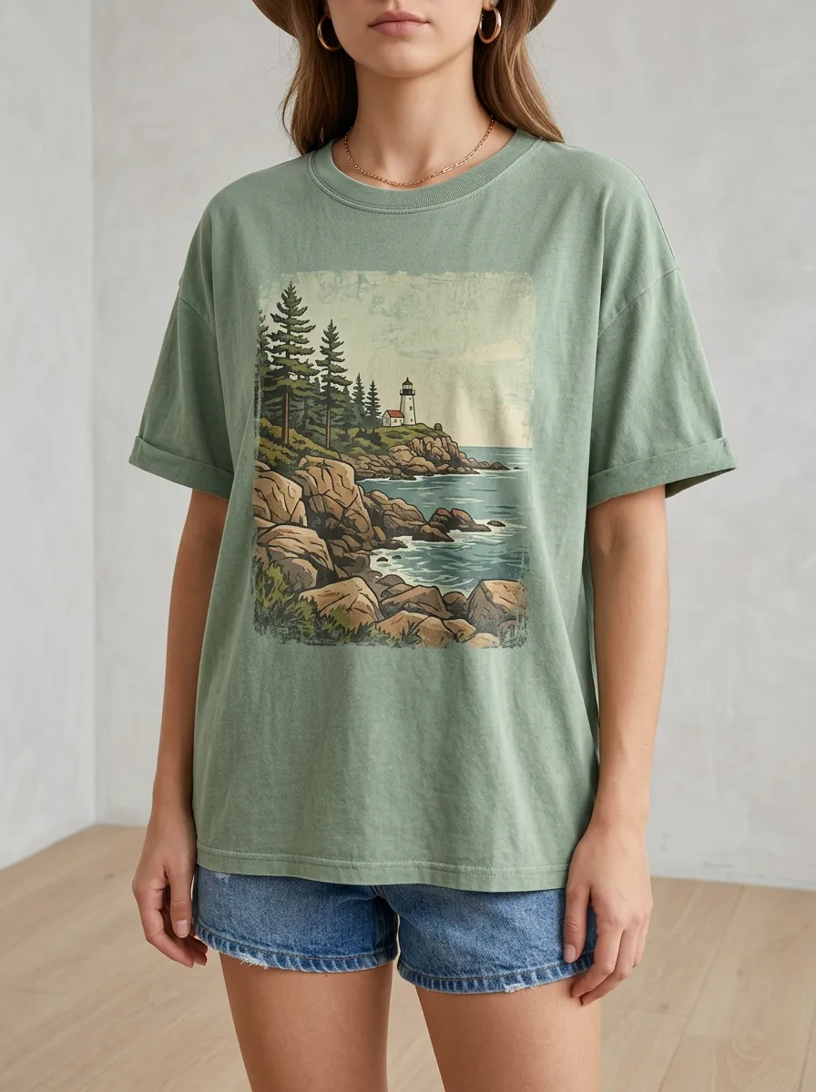 Women's Lighthouse Rocky Coast Printed T-Shirt