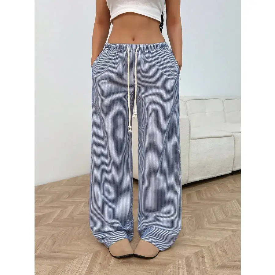 Drawstring Striped Wide Leg Pants