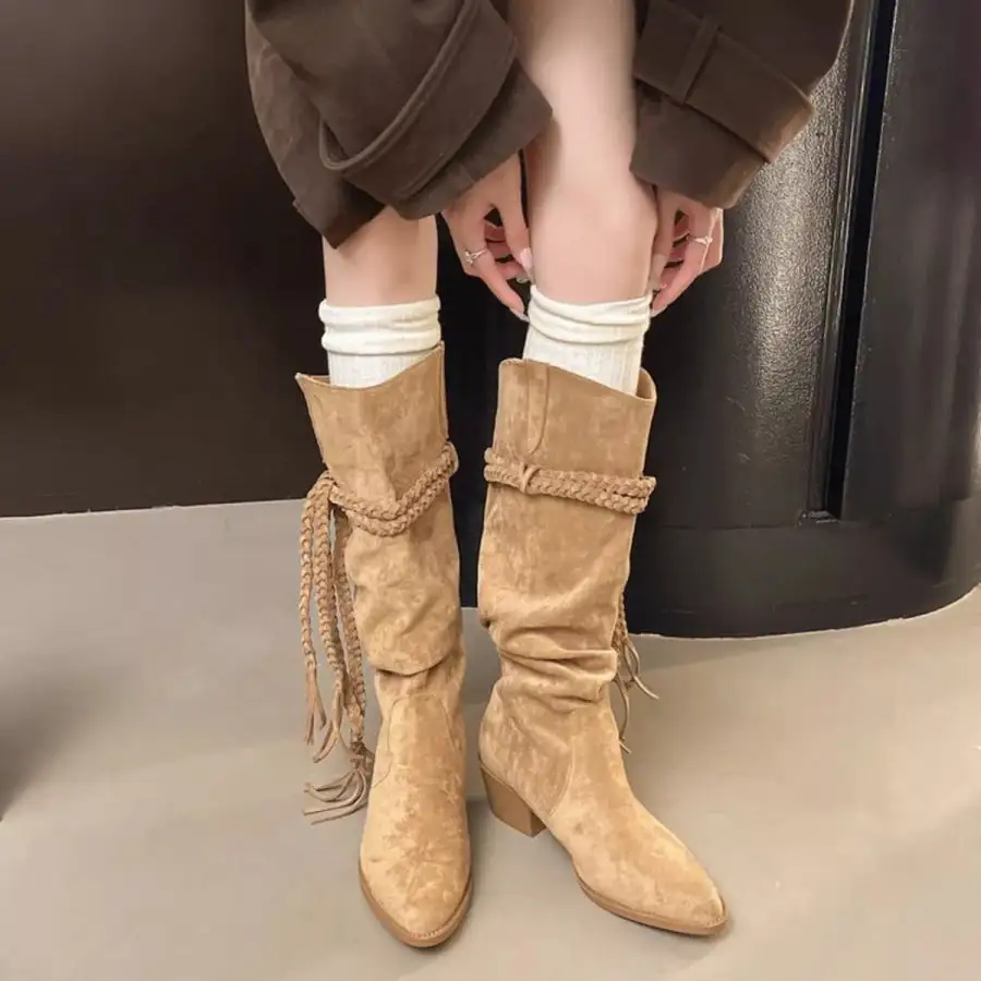 Ruffled Point Toe Block Heels Boots