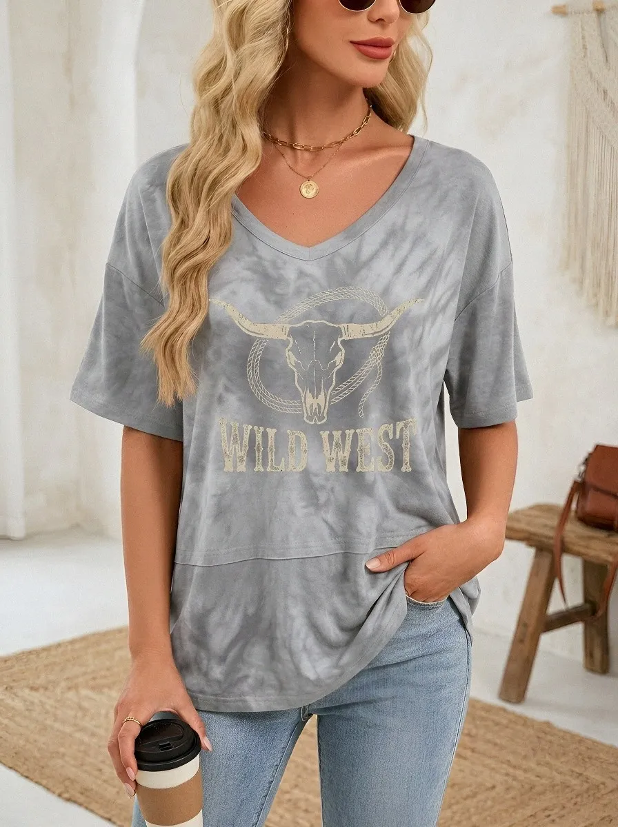 Women's Wild West Cow Skull Tie-Dye Printed T-shirt