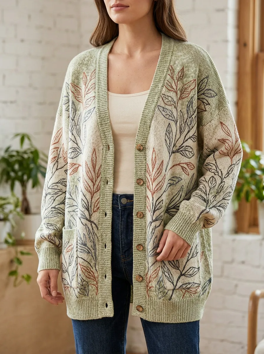 Women's Nature Lover Botanical Leaves Printed Cardigan