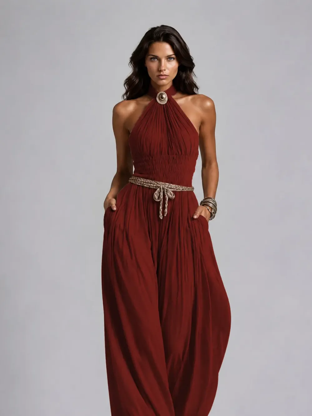 Taylor Pleated Halter-Neck Wide-Leg Jumpsuit