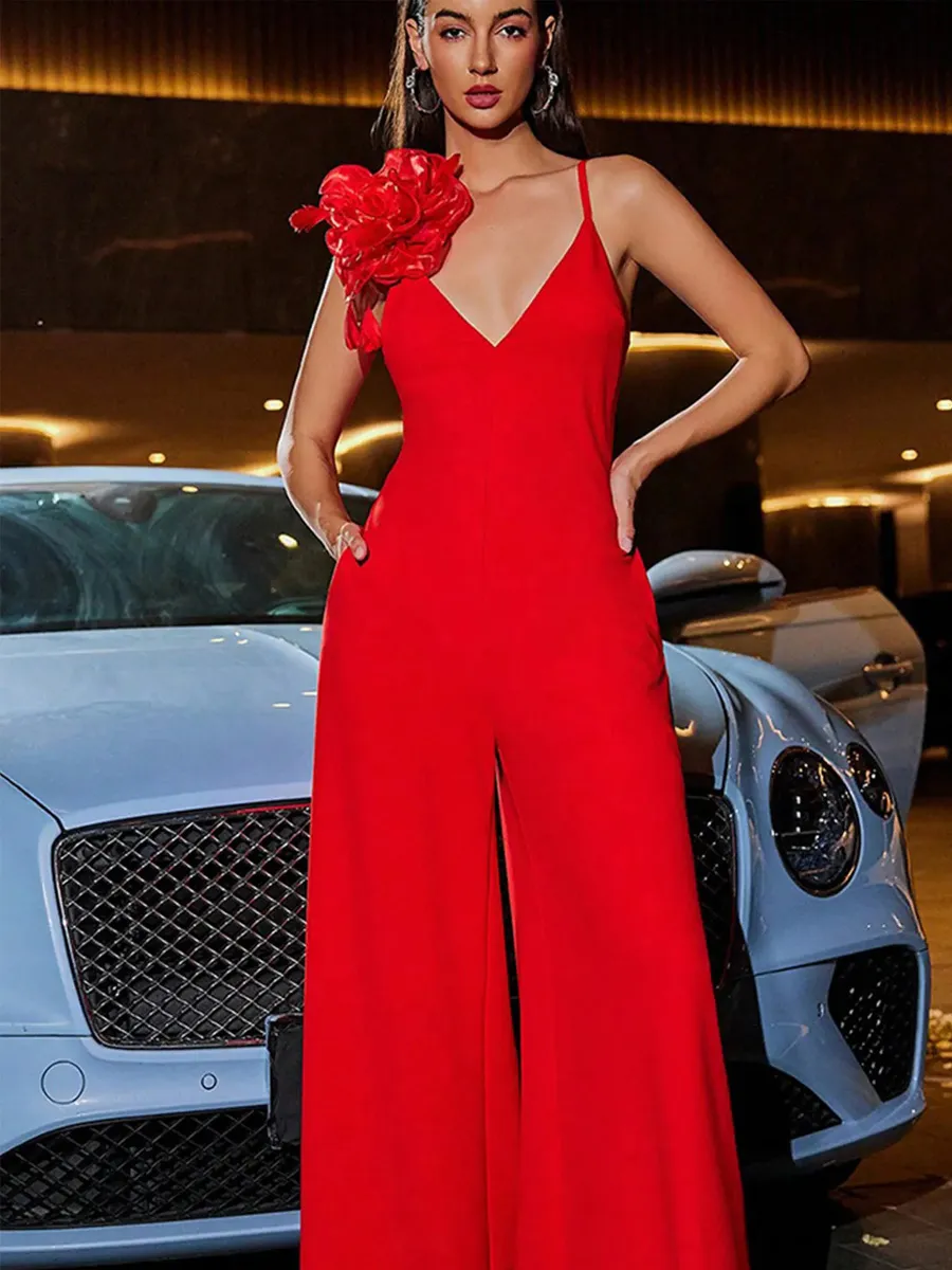 Nalani Deep-V Flower Jumpsuit In Red