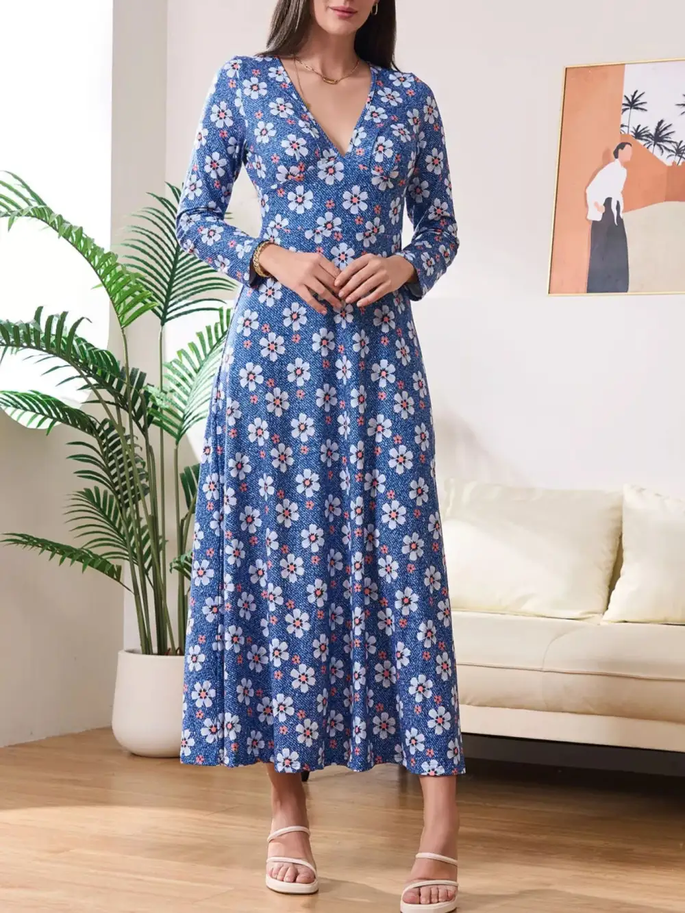 V-Neck Long Sleeve Midi Dress