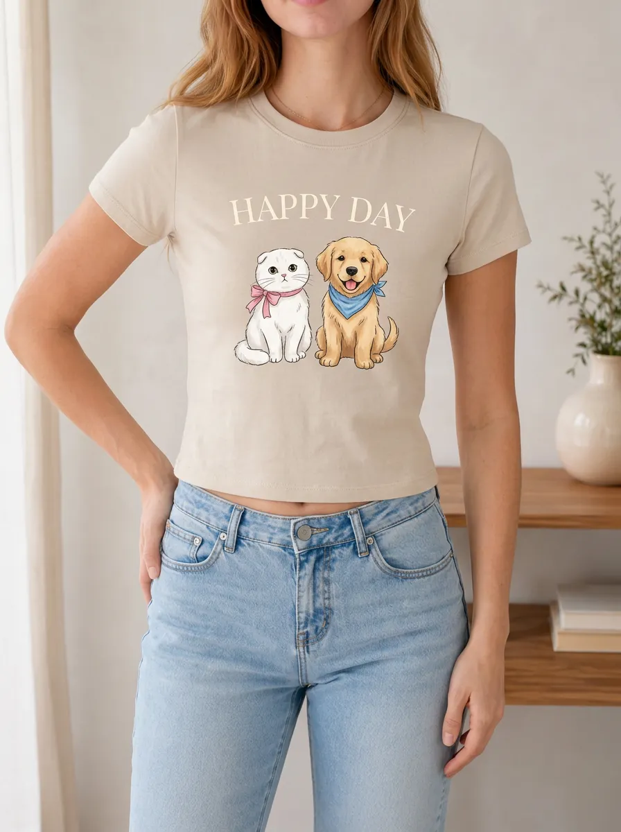 Women's Pet Lover Cat and Golden Retriever Printed T-shirt