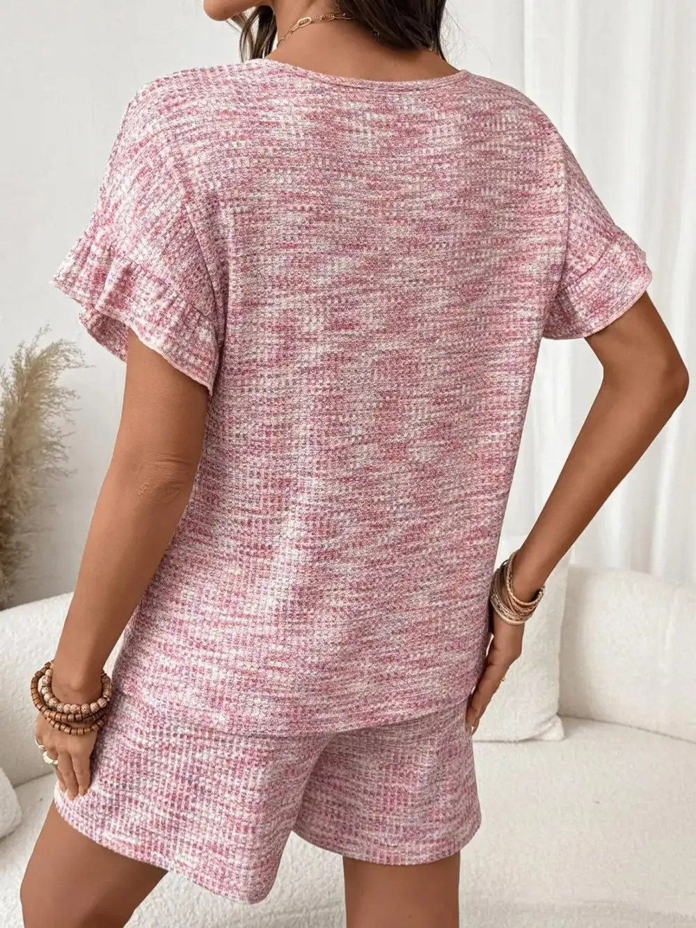 Ruffle Sleeve Textured Top Shorts Set