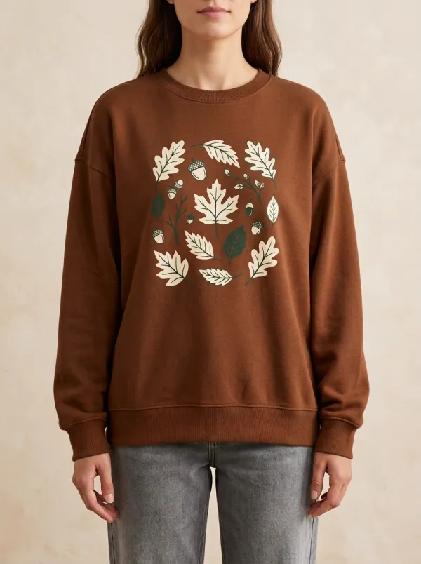 Textured Form Maple-Leaf Printed Acorn Graphic Sweatshirt