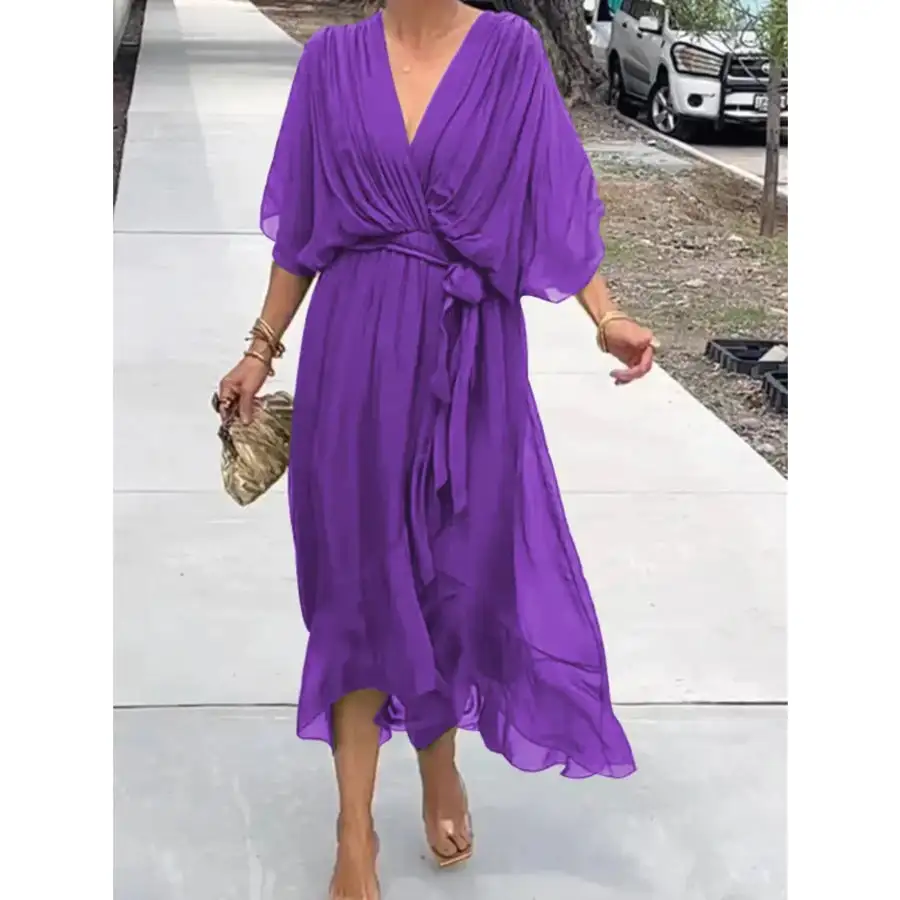 Full Size Flowy Tie Front Midi Dress with Flutter Sleeves Plus Size