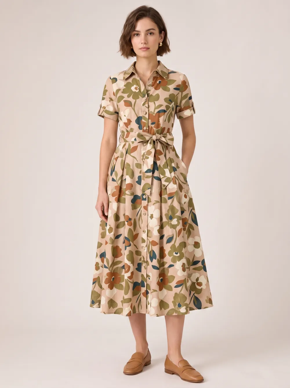 Women's Vintage Floral Botanical Printed Shirt Dress