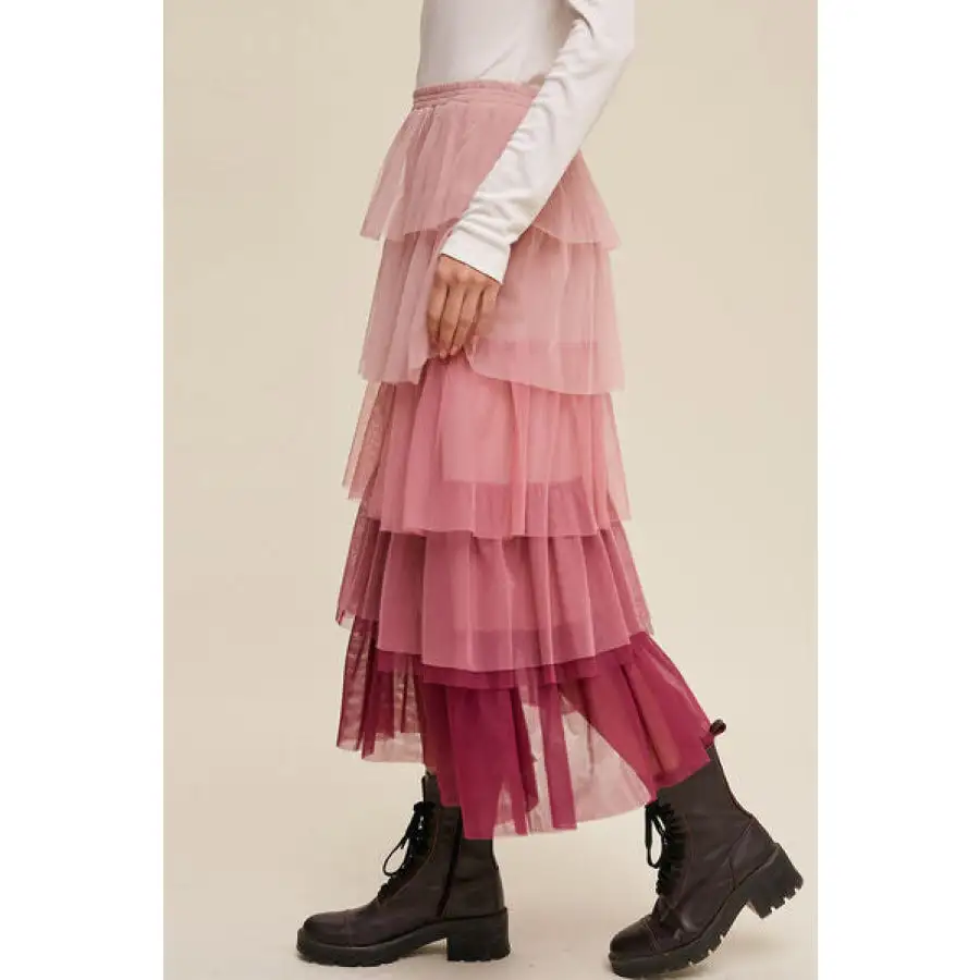 Elastic Waist Layered Tulle Midi Skirt