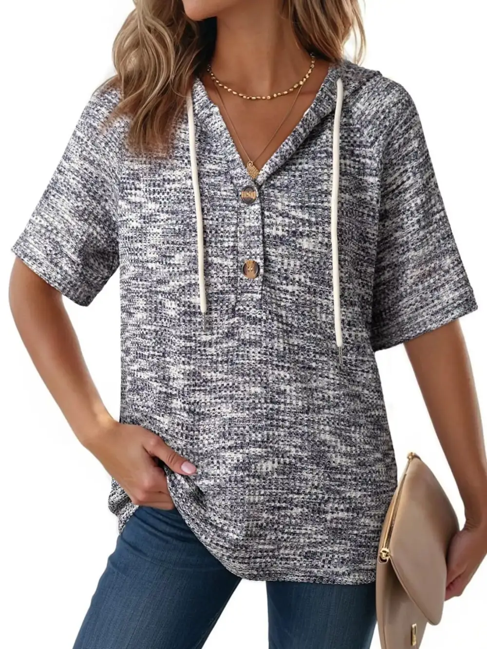 Drawstring Short Sleeve Hooded Top
